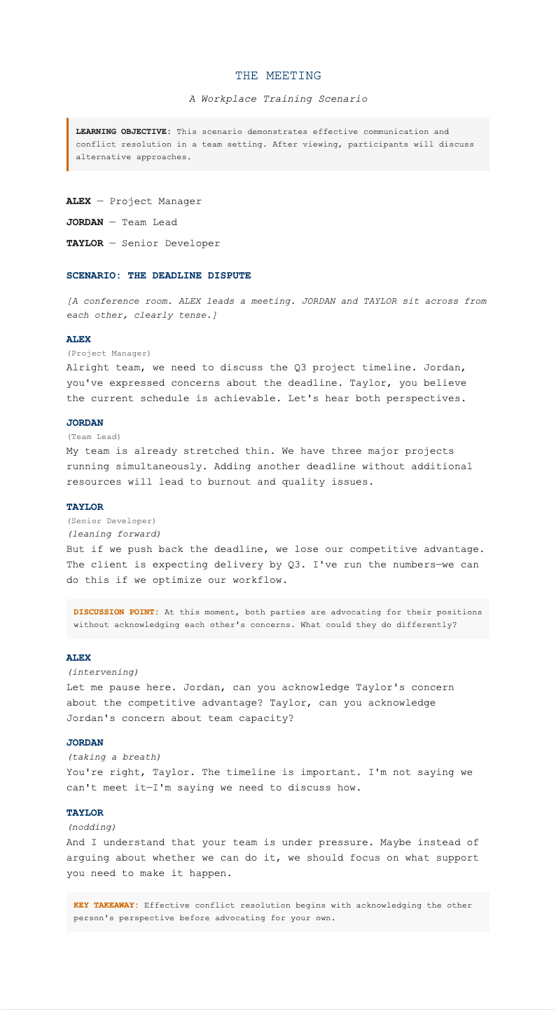 Corporate training stage play script